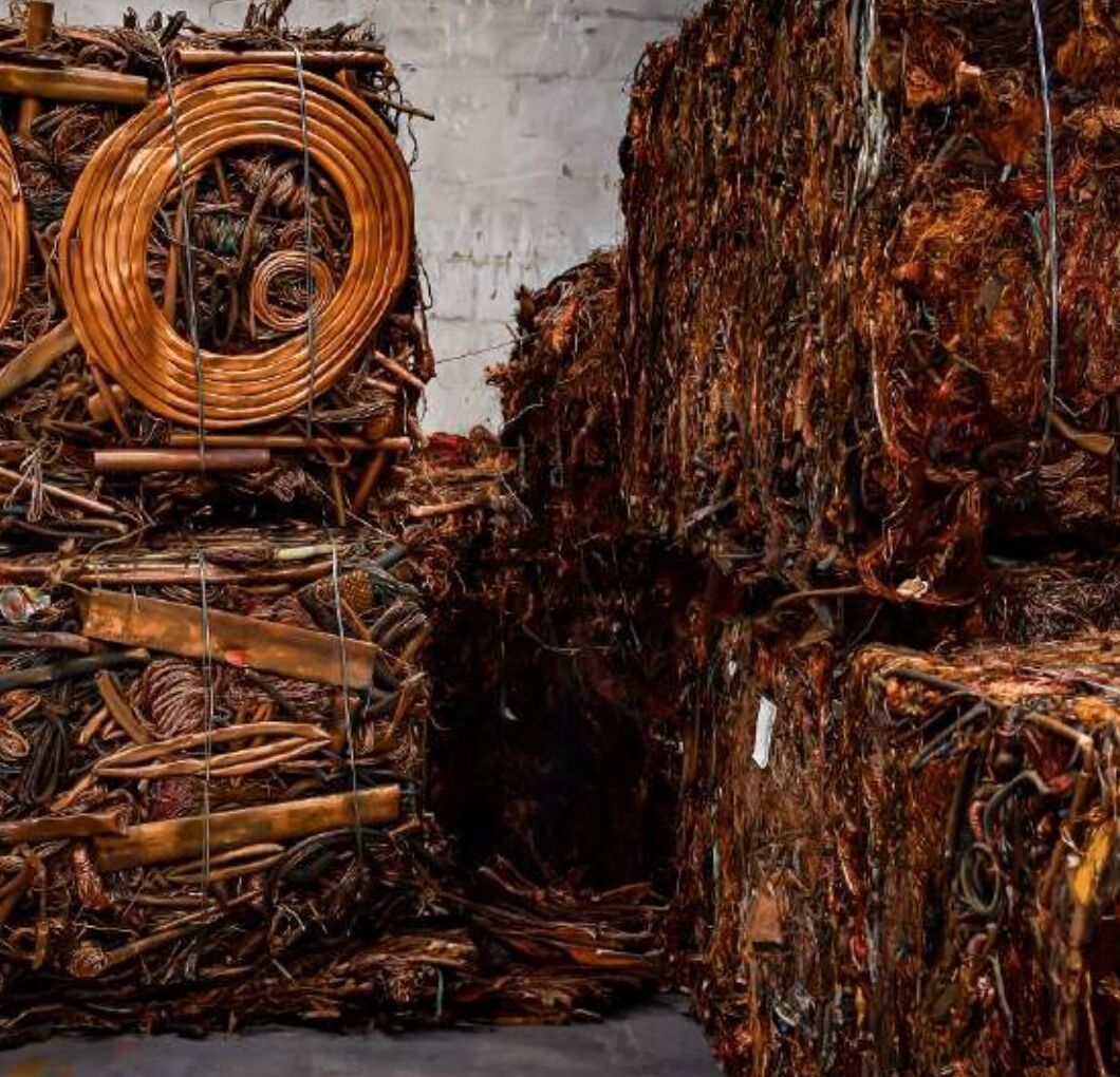 Bales of recovered copper in a recycling yard